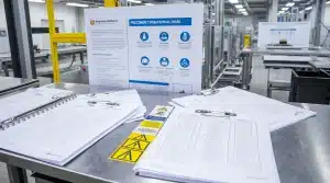 Mesa de escritório com manuais, capacete e sinalização de segurança representando o procedimento operacional padrão